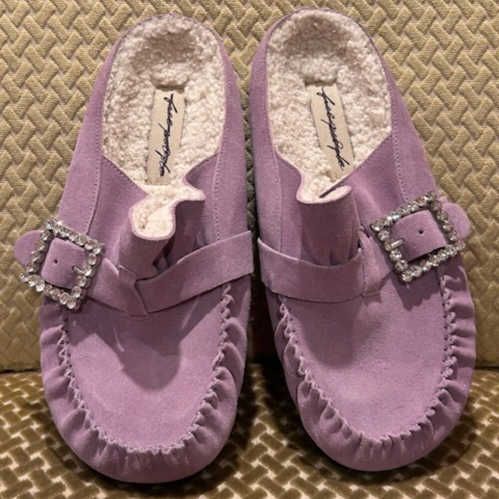 Free People Lavender Suede Slip-On Mule Clogs with Jeweled Buckles